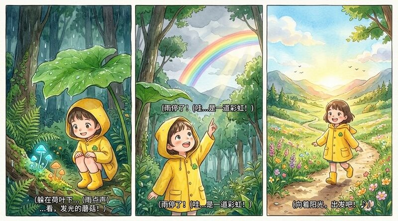 AI-generated refreshing and healing cartoon picture book storyboard